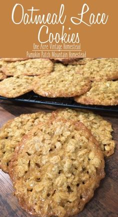 oatmeal lace cookies on a wooden table with text overlay that reads, oatmeal lace cookies