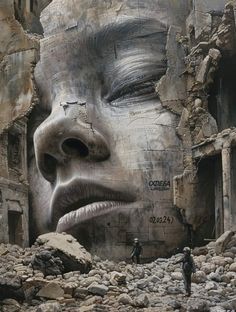 a giant face is shown on the side of a building