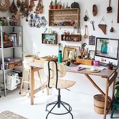 a room with various items on the wall and shelves full of hanging objects above it