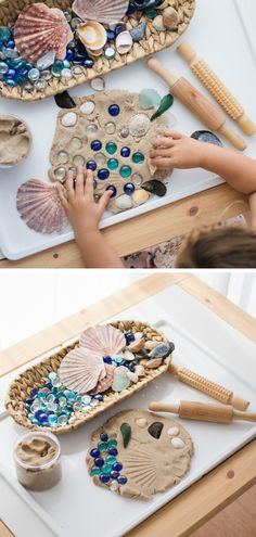 two pictures of children making seashells out of clay and shells on a table