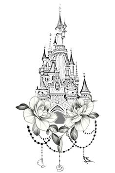 a drawing of a castle with flowers on it