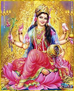 the hindu goddess sitting on top of a lotus with her hands in each hand and holding a