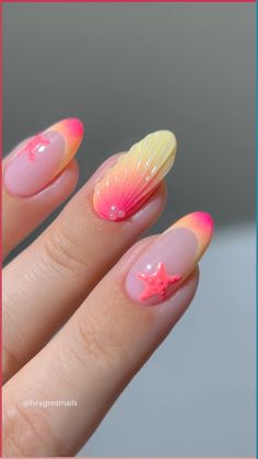 🌤️💕 sun-kissed tropical hues for sunny days and sandy toes 🏖️ Beach Aura, Gold Glitter French Tips, Nails Almond Medium, Tropical Nail Art, Press On Nails Almond, Beach Nail Designs, Beachy Nails, Glitter French Tips, Aura Nails