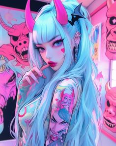 Tattoos, Anime, Hair, Pink, Blue