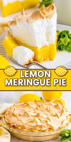 lemon meringue pie on a plate with the title overlay that reads lemon meringue pie