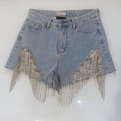 Nwt Light Wash Jean Shorts With Bling Size Small, Could Also Fit S/M Bought From A Boutique That No Longer Exists These Shorts Were Featured In A Megan Thee Stallion Music Video In Absolute Perfect Condition & Sold Out No Damages, Tried On Once But Never Worn Out They Fit My Butt But They’re Too Loose On My Waist Perfect For Someone Who Has More Curves On Their Waist They Were About $85 With Taxes Included Pics With And Without Flash, Flash Makes Them Extra Blingy See Pictures For Measurements P Glamorous Summer Denim Bottoms, Silver Short Bottoms For Night Out, Glamorous Party Denim Bottoms, Glamorous Blue Summer Bottoms, Silver Shorts For Summer Party, Silver Bottoms For Night Out, Short Length, Silver Short Length Bottoms For Night Out, Silver High Waist Shorts For Summer, Silver High-waist Shorts For Summer