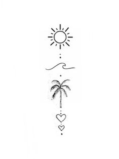 a drawing of a palm tree and the sun with two hearts on it's side