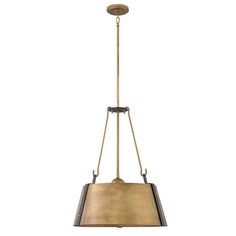 a light fixture hanging from the ceiling with a gold and black shade on it's side