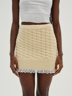 For a look that's both cozy and elegant, get to know the Milana cream mini skirt—a high-waisted cable knit skirt with a pretty lace trim at the hem. Pair it with the Milana Cardigan for a co-ord skirt set. Cable Knit Skirt, Cream Mini Skirt, Knit Mini Skirt, Wedding Lingerie, Knit Shorts, Winter 2024, Knit Skirt, Lingerie Fashion, For Love And Lemons