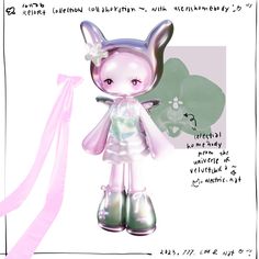 a drawing of a cat doll with a pink ribbon around it's neck and feet