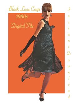 a woman in a black lace dress is featured on an orange background with the words, 1960's digital file