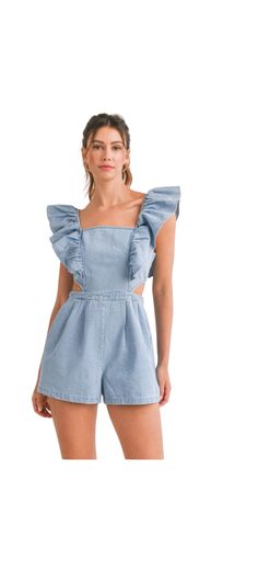 Cotton mix denim ruffle detail sleeveless romper with back exposed zipper detail and side cut out. Side Cuts, Exposed Zipper, Zipper Detail, Sleeveless Rompers, Cut Out, Zipper, Rompers, Boutique