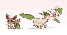 two pokemons are running and one is holding a leaf in its mouth, while the other