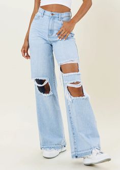 A pair of high-rise wide fit jeans featuring distressed front, distressed raw edge leg opening hem, classic 5-pocket construction, and zip-fly closure. Light stone Five pockets High waits Wide leg Distressed front Wide Fit Jeans, Western Girl, Wide Jeans, Light Wash Denim, College Outfits, Pop Up Shop, Raw Edge, Ripped Jean, Ripped Jeans