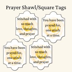 four tags with the words prayer shawl / square tags written in black and yellow