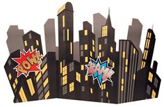 a pop - up card with the word pow on it and some buildings in the background