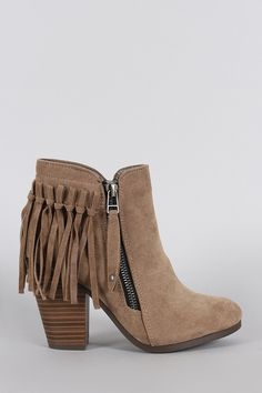 FREE SH & Easy Returns! Shop Breckelle Suede Fringe Cowgirl Chunky Heeled Ankle Boots. These ankle boots feature a fringe design at the back, round toe silhouette, and chunky stacked heel. Cowgirl Fringe, Cowgirl Ankle Boots, Bota Country, Fringe Booties, Back Round, Heeled Ankle Boots