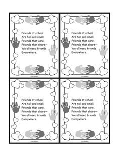 four cards with handprints and hearts on them, one saying friends at school