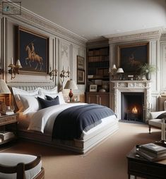 a bedroom with a bed, chair and fireplace in it's centerpieces