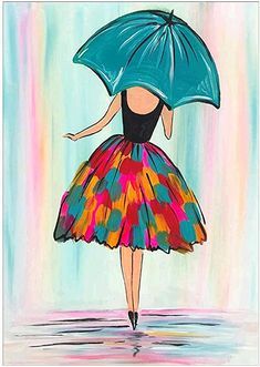 a painting of a woman in a colorful dress holding an umbrella over her head while walking down the street