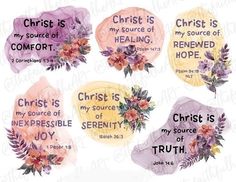 watercolor stickers with the words christ is my source of hope, and flowers