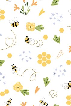 bees and flowers on a white background