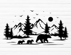 a bear and two cubs in the woods with mountains behind them, on a white wood background