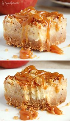 caramel apple crisp cheesecake bars on a plate