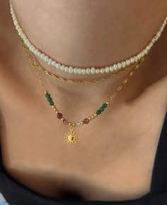 Delphine Necklace Diy Bead Necklace Aesthetic, Dainty Gold Chain, Aesthetic Jewelry, Green Beads, 가을 패션