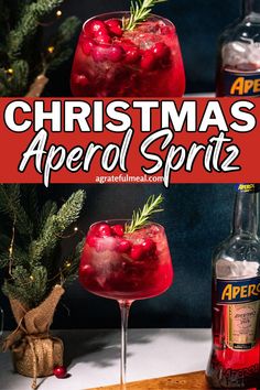 christmas aperol spritz cocktail in a tall glass with rosemary garnish