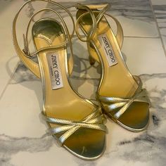 Purchased For My Wedding - So Fun To Wear! A Few Scratches On The Back Heel So Discounted Appropriately Rrp: $950 @ Nordstrom Classic Gold Heels For Gala, Classic Sandals With 4-inch Heel For Wedding, Classic Wedding Sandals With 4-inch Heel, Fitted Gold Wedding Shoes With Heel Strap, Gold Wedding Shoes With Heel Strap, Wedding Heels With Open Heel, Classic Gold Heels For Wedding, Gold Fitted Wedding Shoes With 4-inch Heel, Gold Open Toe Heels For Anniversary