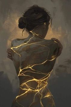 a painting of a woman with her back turned to the camera and glowing lights behind her