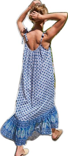 Blue Bohemian Maxi Dress With Smocked Back, Blue Tie Back Dress For Beach, Blue Tie Back Dress For Beach Cover-up, Blue Tie-back Dress For Beach Cover-up, Flowy Beach Maxi Dress With Tie Straps, Blue Tie-back Dress For Beach, Beach Maxi Dress With Adjustable Straps, Blue Maxi Dress With Tie Straps For Vacation, Blue Midi Dress With Tie Straps For Vacation