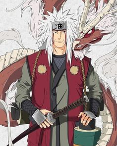 an anime character with white hair holding two large axes and wearing a red outfit, standing in front of a dragon