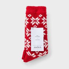 Stay warm and comfy with these Women's Snowflake Double Lined Cozy Crew Socks from Auden™ in Red/Ivory 4-10. Made with lightweight knit fabric, they are perfect for keeping your feet toasty without feeling bulky. The easy wash-and-care design makes them super convenient. Whether lounging at home or on the go, these socks are a great everyday pick. Auden™: Fit for you in every way. Soft Indoor Socks For Winter, Comfy Warm Socks For Winter, Cozy Winter Socks For Stocking Stuffers, Comfortable Socks For Winter Stocking Stuffers, Casual Indoor Socks For Winter, Cozy Snug Winter Socks, Cozy Comfortable Winter Socks, Snug Cozy Winter Socks, Warm Red Casual Socks