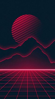 an abstract background with lines and mountains in the distance, as well as red light