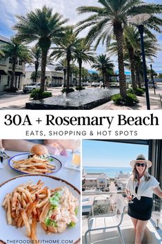 the ocean and palm trees with text overlay reading 30a rosemary beach eats, shopping & hot spots