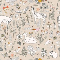 an animal themed wallpaper with deers, flowers and plants on a beige background