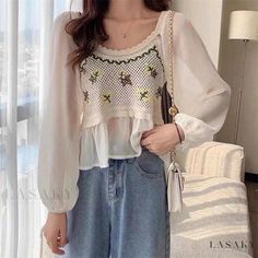 Lasaky - Elegant Snowflake Patterned Long-Sleeve Blouse with Lace Trim Silk Chiffon Blouse, Elegant Snowflake, Chic Cardigan, Long Sleeve Kimono, Embroidered Collars, Crop Top Dress, Long Sleeve Short Dress, Long Sleeve Knit Tops, Chiffon Blouse