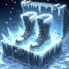 a pair of boots sitting on top of an ice chest