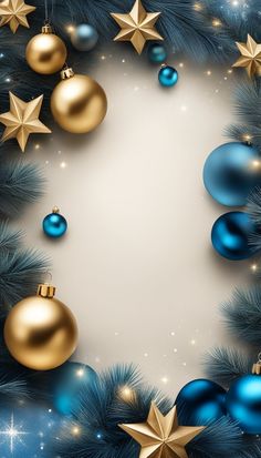 blue and gold christmas decorations with stars on the top, in front of a white background