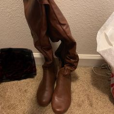 Bamboo Brow/Tan Knee-High Boots. Never Worn. In Perfect Condition. Casual Faux Leather Knee-high Boots Medium Width, Casual Knee-high Faux Leather Boots Medium Width, Casual Wide Calf Knee-high Boots, Casual Synthetic Knee-high Boots, Casual Brown Boots Medium Width, Brown Faux Leather Knee-high Boots With Round Toe, Brown Synthetic Boots With Flat Heel, Brown Synthetic Flat Heel Boots, Brown Closed Toe Synthetic Boots