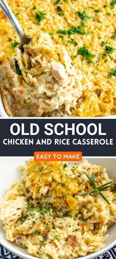 an old school chicken and rice casserole recipe is shown in two different pictures