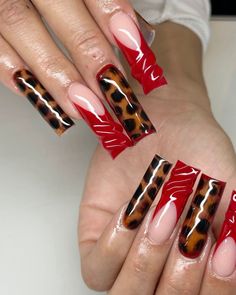 Red Nails With Cheetah Print, Red And Cheetah Print Nails, Leopard Red Nails, Cheetah Red Nails, Cheetah And Red Nails, Red Cheetah Print Nails, Red And Leopard Print Nails, Red Zebra Nails, Red And Cheetah Nails