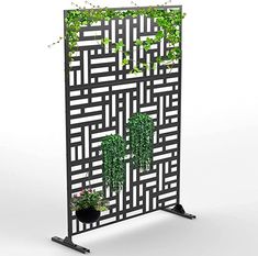 a black and white trellis with plants growing on it's sides, in front of a white background