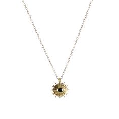 A stylized evil eye charm brings protection to the wearer. Gold plated brass pendant available with a center stone of onyx, blue hydroquartz or copper infused hydroquartz. On a light 14k gold-filled cable chain. Pendant measures approx. 3/4" wide. Choose chain length 16" 18" or 20" long. The Supremes, Green Apatite, Sanaa Lathan, Sun Necklace, Evil Eye Charm, Brass Pendant, Chain Pendant, Cable Chain, Chain Lengths