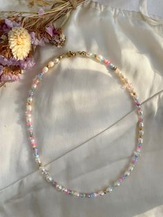 Cute Multicolor Beaded Chain Necklace, Dainty Handmade Multicolor Crystal Necklaces, Handmade Dainty Multicolor Crystal Necklace, Rainbow Pearl Beaded Necklace As A Gift, Dainty Pearl Necklace With Colorful Beads, Handmade Rainbow Necklaces For Everyday, Handmade Rainbow Necklaces For Everyday Wear, Handmade Rainbow Necklace For Everyday, Cute Colorful Beaded Necklace