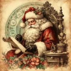 an old - fashioned christmas card with santa claus sitting on a chair and holding a piece of paper