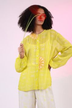 Lemon yellow sheer shirt with all over abstract block prints, elevated with floral patchwork embroidery using kantha work. Paired with hand block print pant. - Aza Fashions Festive Yellow Tops With Printed Motifs, Spring Yellow Tops With Printed Motifs, Yellow Chikankari Embroidered Festive Top, Festive Yellow Blouse With Printed Motifs, Yellow Long Sleeve Top With Chikankari Embroidery, Yellow Tops With Chikankari Embroidery For Spring, Yellow Long Sleeve Top With Printed Motifs, Yellow Chikankari Embroidery Top For Spring, Traditional Yellow Tops With Printed Motifs