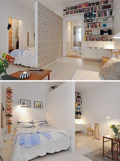 there are three pictures of a bedroom with bookshelves on the wall and a bed in the middle